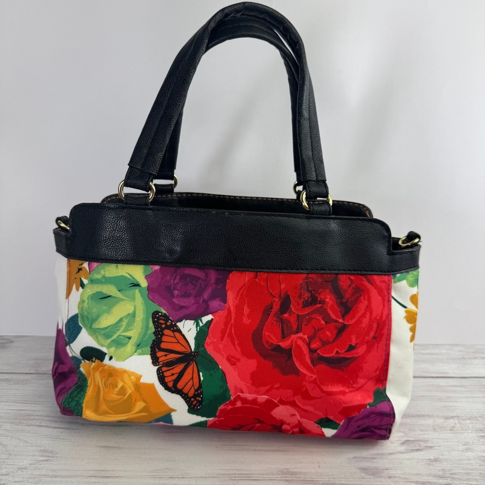 Avon Reversible Floral Butterfly Satchel Bag‎ Black Faux Leather Rose Handbag